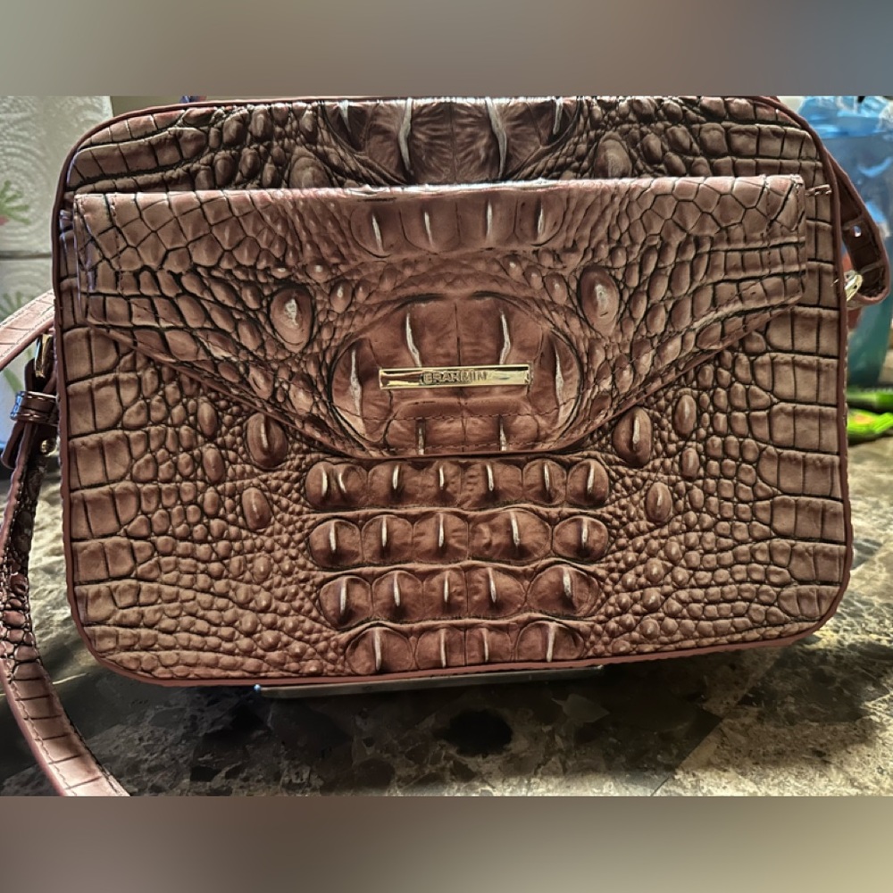 Brahmin Hazelnut Melbourne Shea Crossbody Embossed Leather Satchel